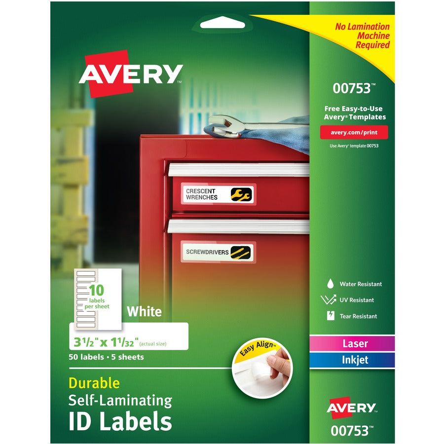 Avery&reg; Easy Align(R) Self-Laminating ID Labels 3-1/2" x 1-1/32"  Pack of 50 (00753)