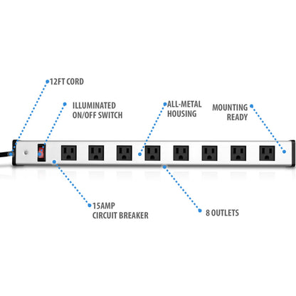 V7 8-Outlet Horizontal Industrial Metal Power Strip 125V 15A 12-ft. Cord 5-15R