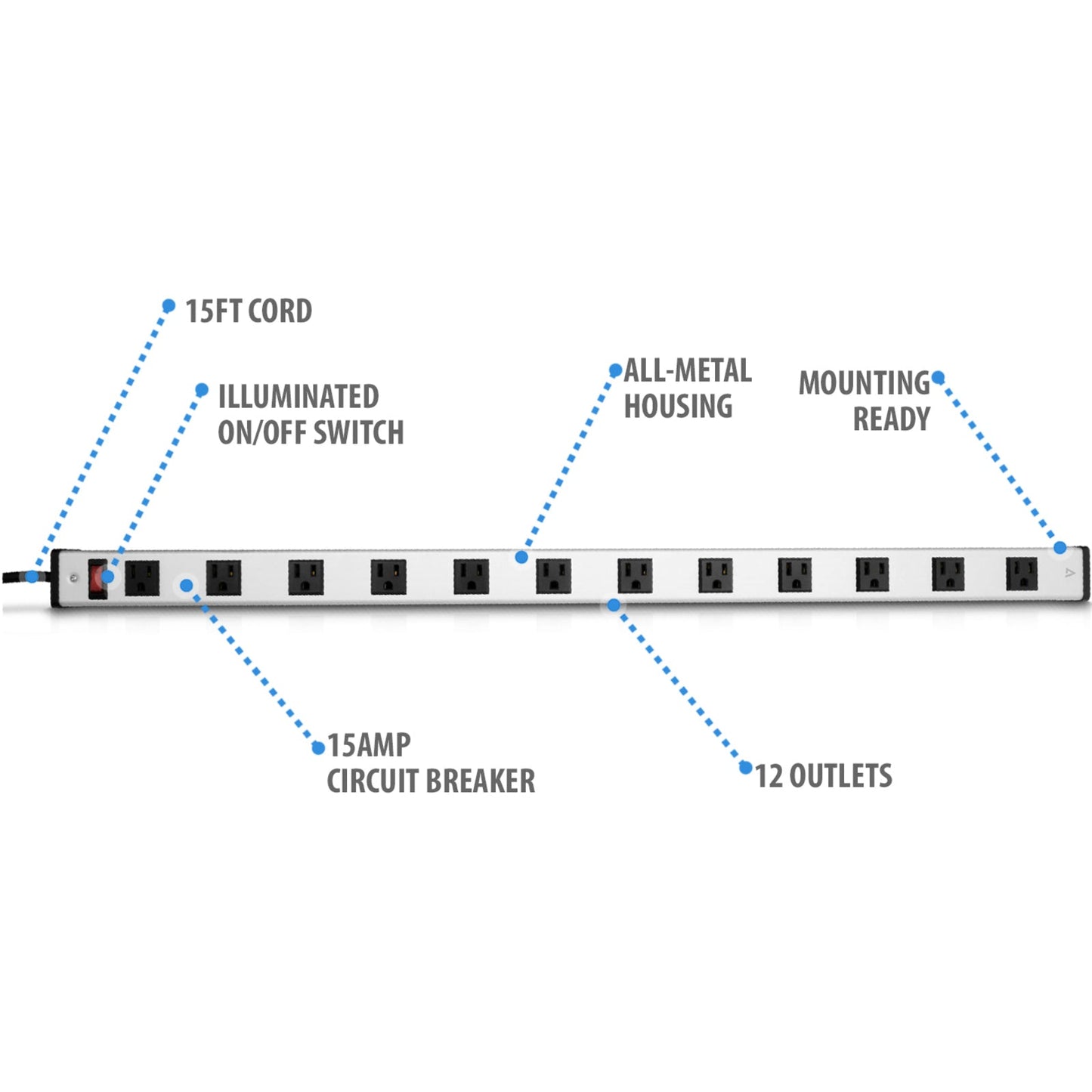 V7 12-Outlet Horizontal Industrial Metal Power Strip 125V 15A 15-ft Cord 5-15R