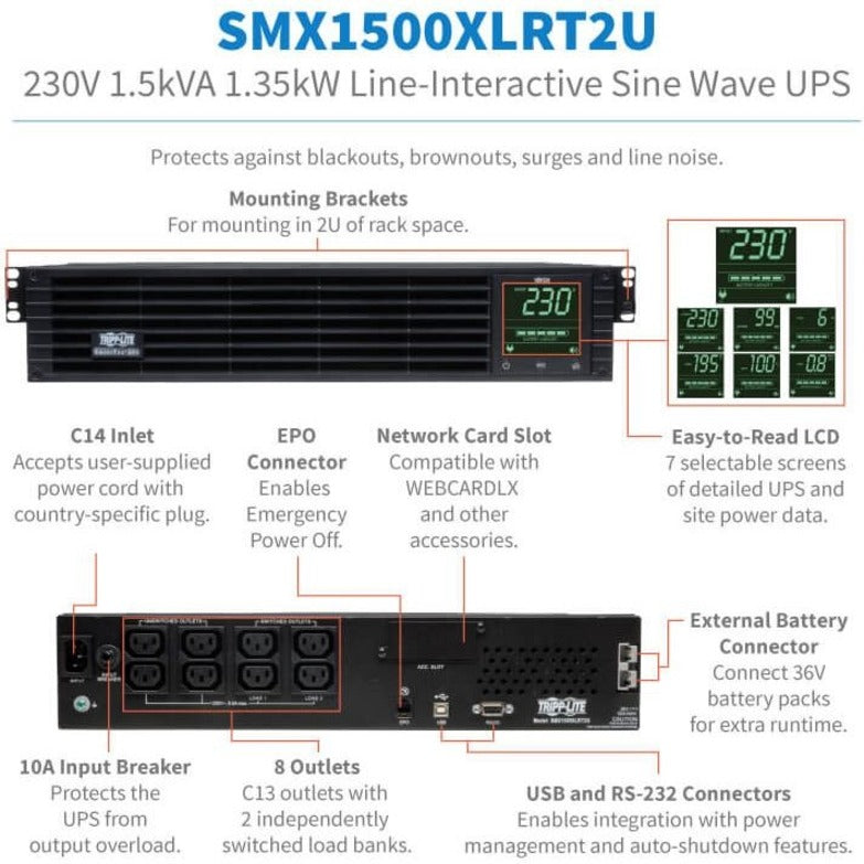 Tripp Lite UPS 1500VA 1350W 230V Line-Interactive UPS - 8 C13 Outlets C14 Input Network Card Option LCD USB DB9 2U