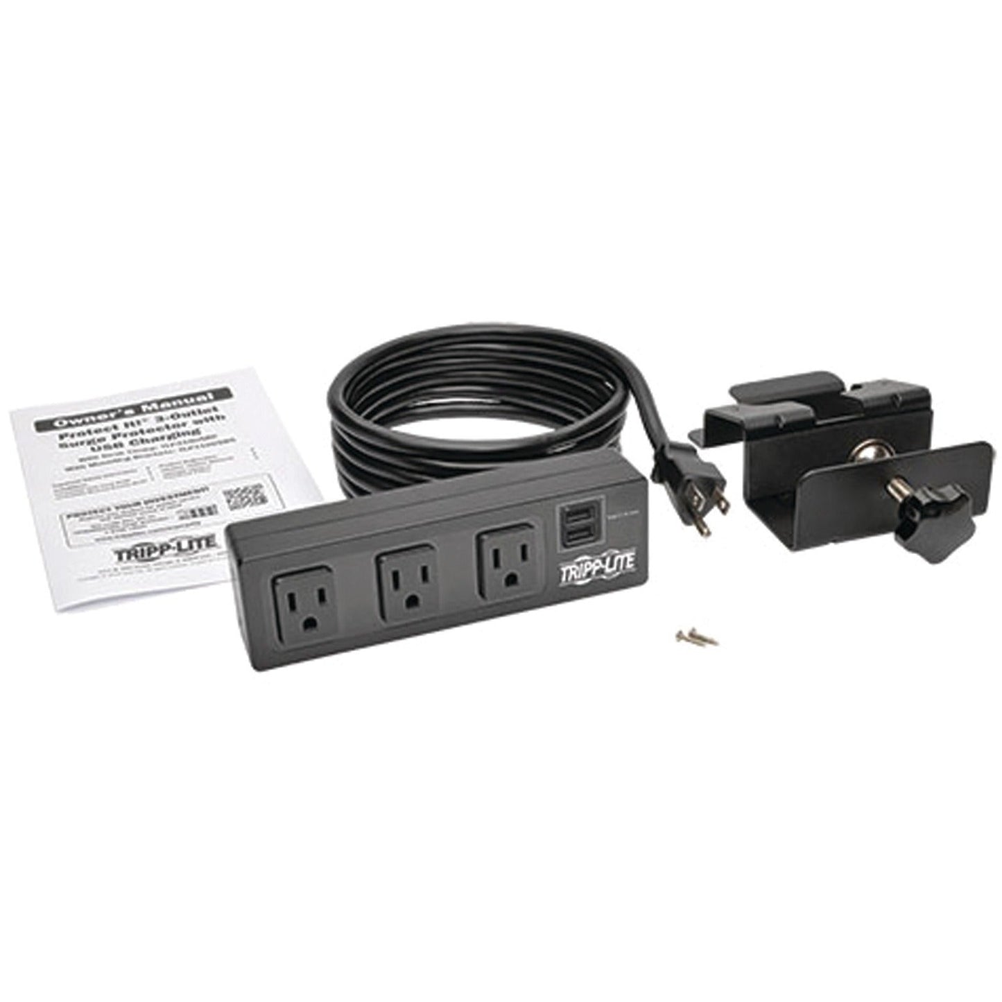 Tripp Lite Protect It! 3-Outlet Surge Protector with Desk Clamp 10 ft. Cord 510 Joules 2 USB Charging Ports Black Housing