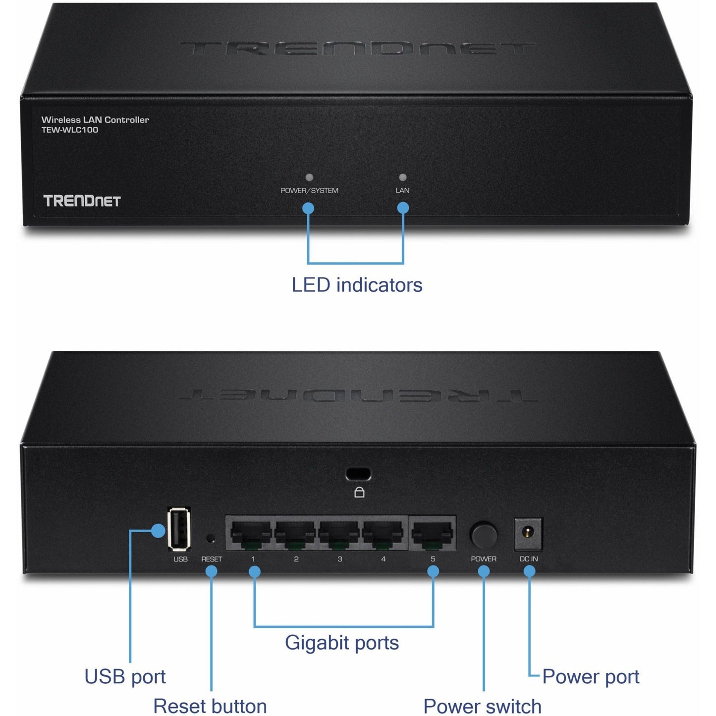 TRENDnet Wireless LAN Controller; Built-in 5-Port GB Switch; Compatible with: TEW-755AP/TEW-821DAP/TEW-825DAP; Access Point Management; TEW-WLC100