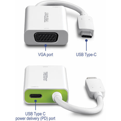 TRENDnet USB-C to VGA Adapter with Power Delivery High Speed USB-C Connection USB-C Power Delivery Compliant CHROME WINDOWS 10 MAC TUC-VGA2