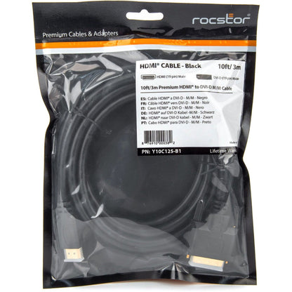 Rocstor Premium HDMI to DVI-D Cable - M/M - 10 ft - 1 x DVI-D Male - 1 x Male HDMI - Gold-plated Contacts - Black