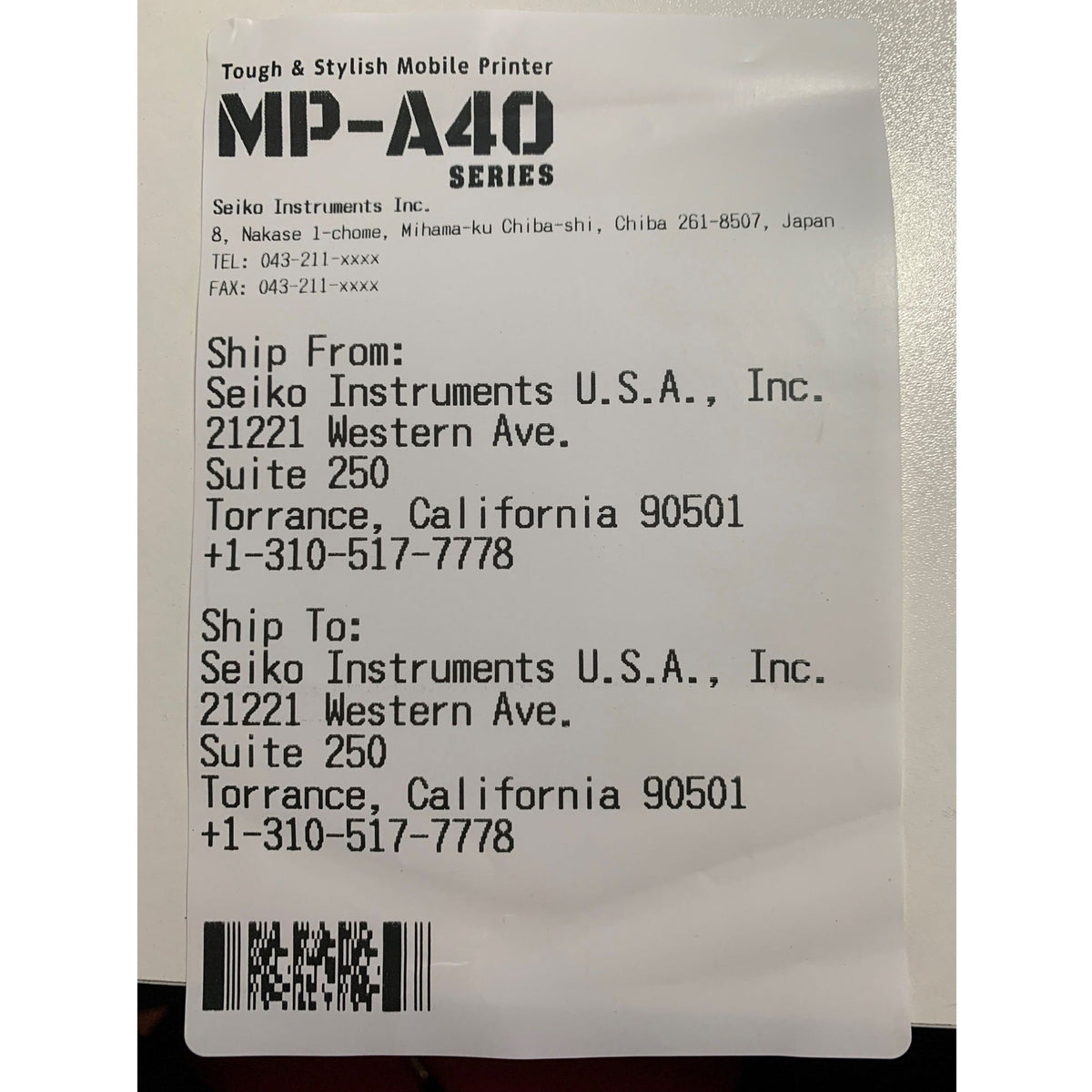 Seiko MP-A40 4" Mobile Receipt and Label Printer - USB - Bluetooth