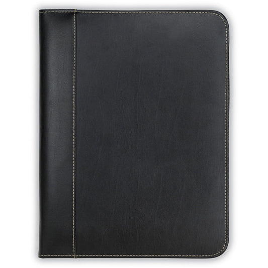 Samsill Contrast Stitch Leather Zippered Portfolio Folder - Document Organizer with Writing Pad - Black