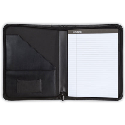 Samsill Contrast Stitch Leather Zippered Portfolio Folder - Document Organizer with Writing Pad - Black