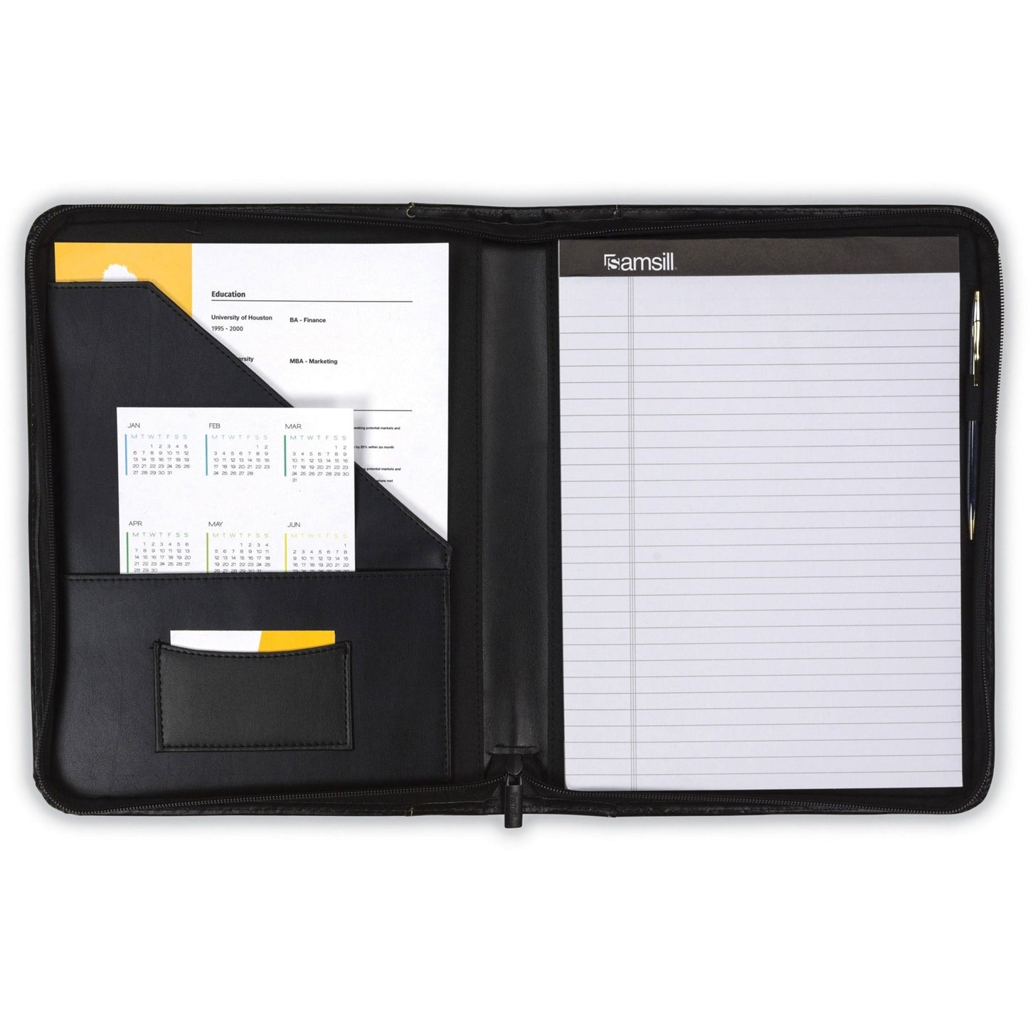 Samsill Contrast Stitch Leather Zippered Portfolio Folder - Document Organizer with Writing Pad - Black