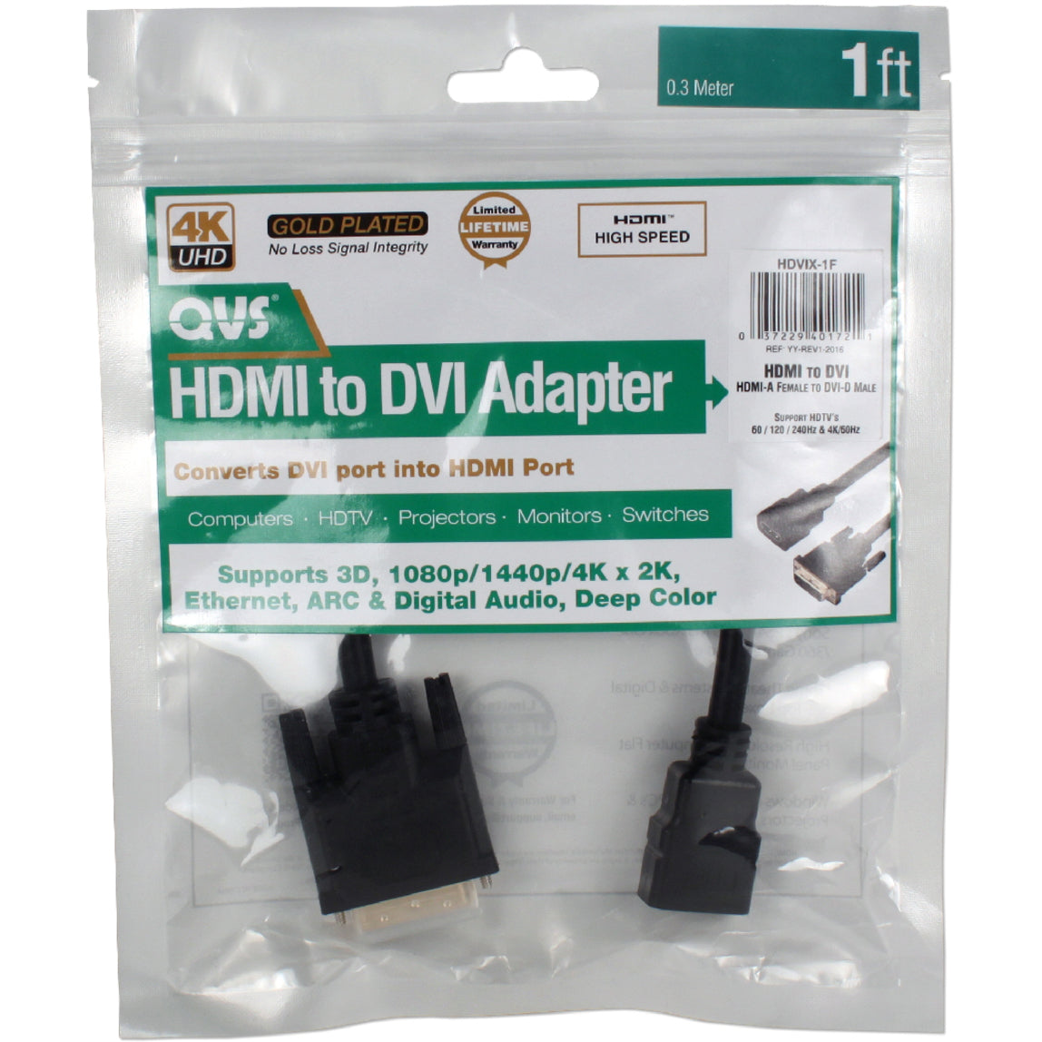 QVS 1ft DVI Male to HDMI Female 4K UltraHD Conversion Adaptor Cable