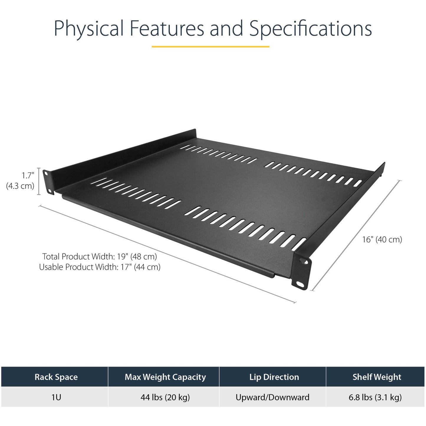 StarTech.com 1U Vented Server Rack Cabinet Shelf - Fixed 16" Deep Cantilever Rackmount Tray for 19" Data/AV/Network Enclosure w/Cage Nuts