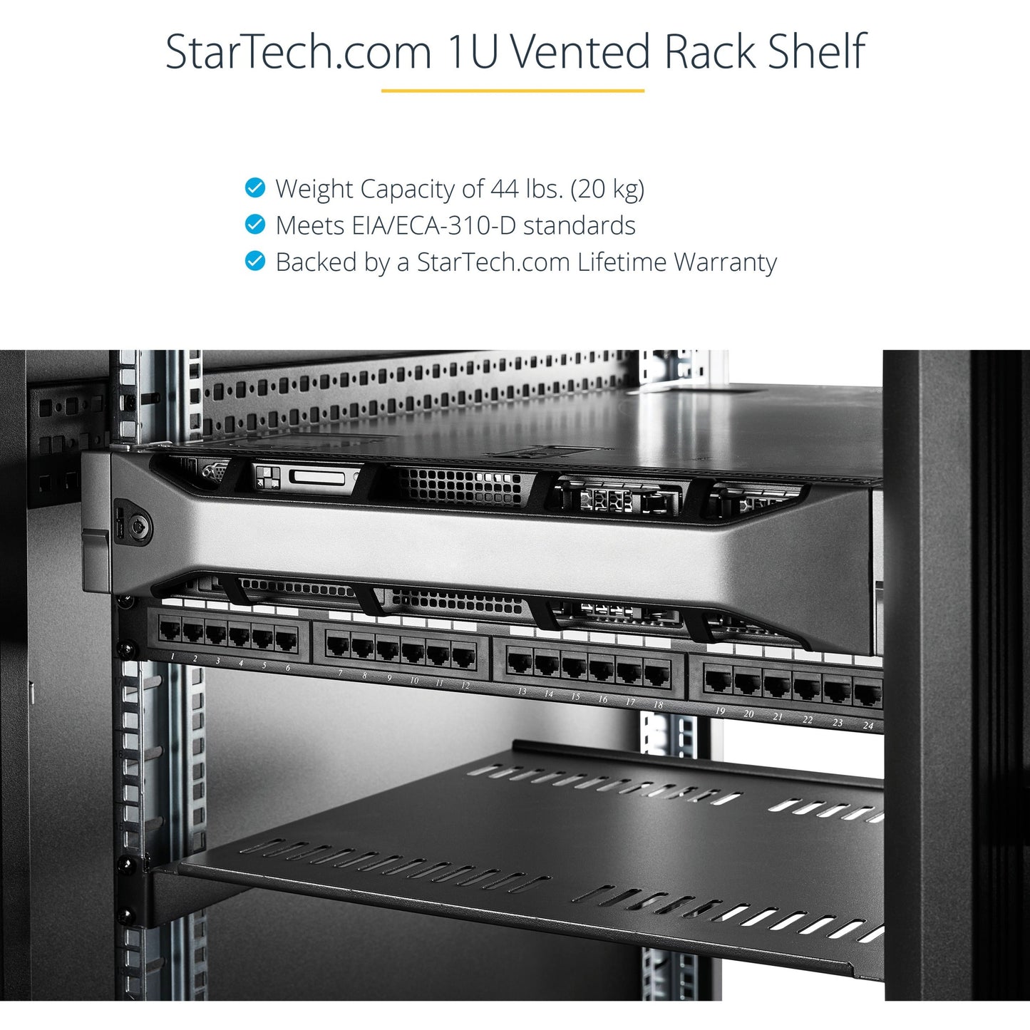 StarTech.com 1U Vented Server Rack Cabinet Shelf - Fixed 16" Deep Cantilever Rackmount Tray for 19" Data/AV/Network Enclosure w/Cage Nuts