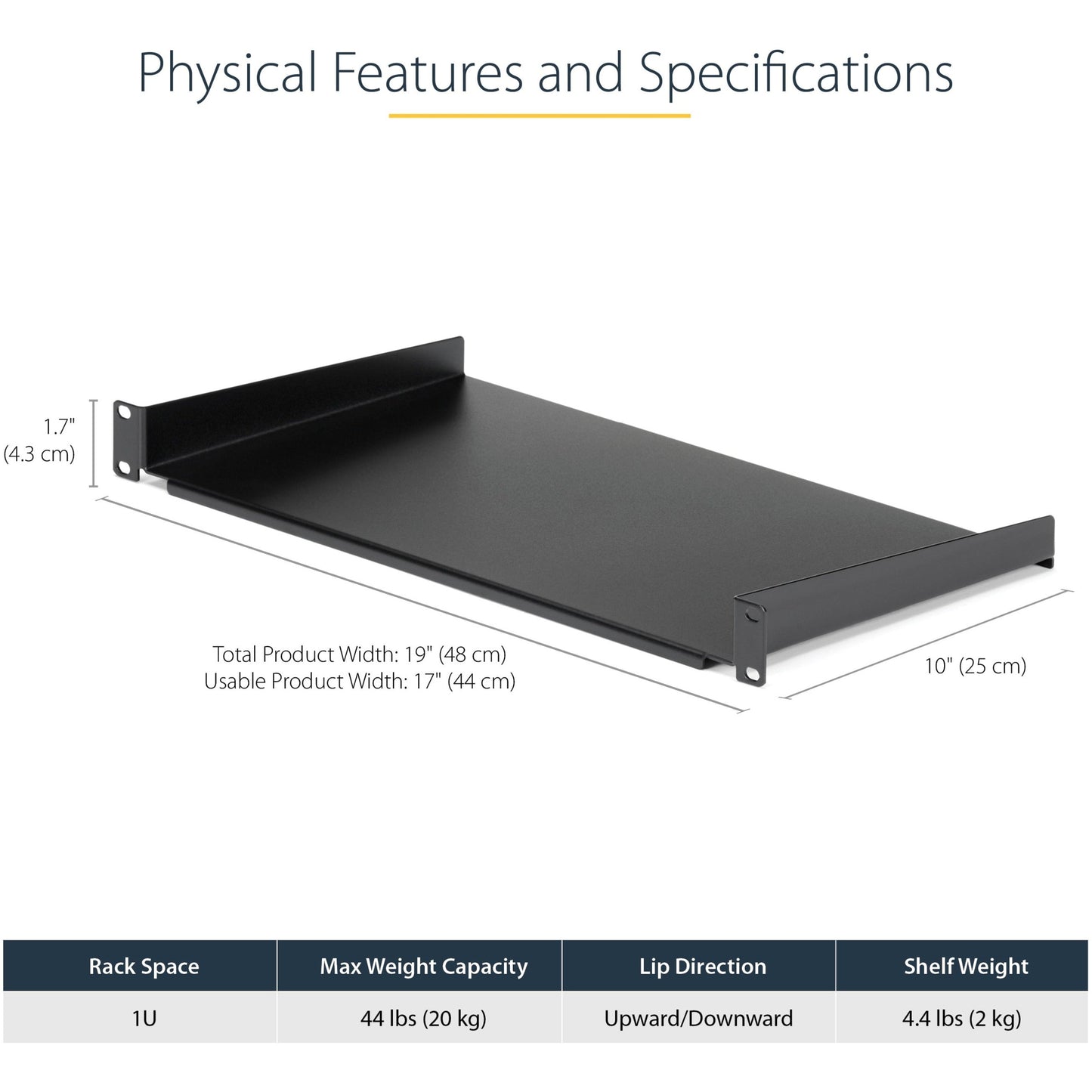 StarTech.com 1U Server Rack Cabinet Shelf - Fixed 10" Deep Cantilever Rackmount Tray for 19" Data/AV/Network Enclosure w/cage nuts screws