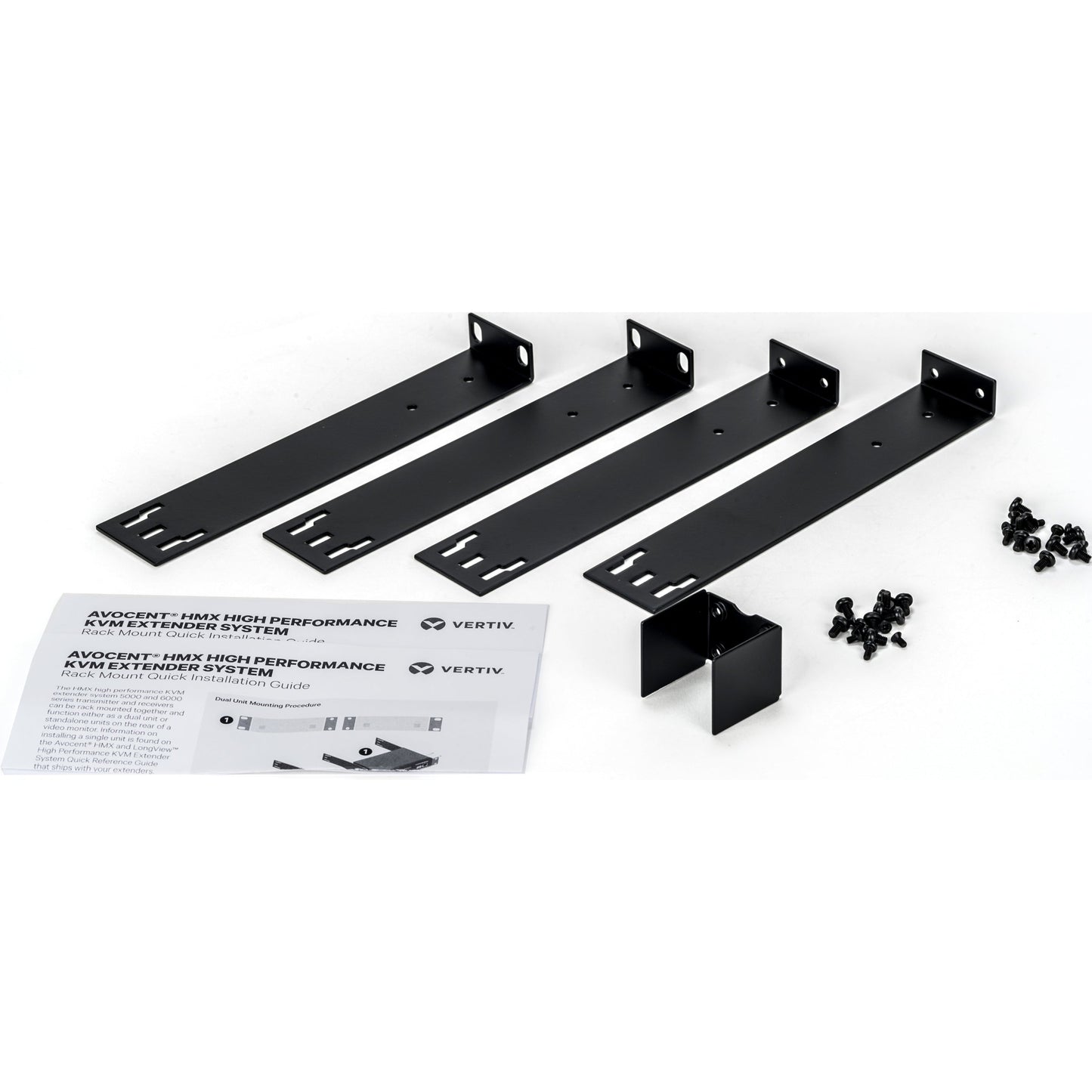 Vertiv Rackmount kit for two Vertiv Avocent HMX 5000/6000 High Performance KVM Systems contains metal brackets and screws.