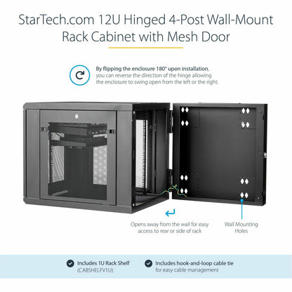 StarTech.com 12U 19" Wall Mount Network Cabinet - 24" Deep Hinged Vented Server Room Enclosure Locking Flexible IT Equipment Rack w/Shelf