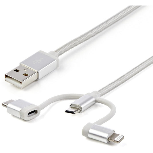 StarTech.com 1m USB Multi Charging Cable - Braided - Apple MFi Certified - USB 2.0 - Charge 1x device at a time - For USB-C or Lightning devices attach the corresponding connector of the cable to the Micro-USB connector and plug into your device - For Micro-USB devices plug the middle connector into your device