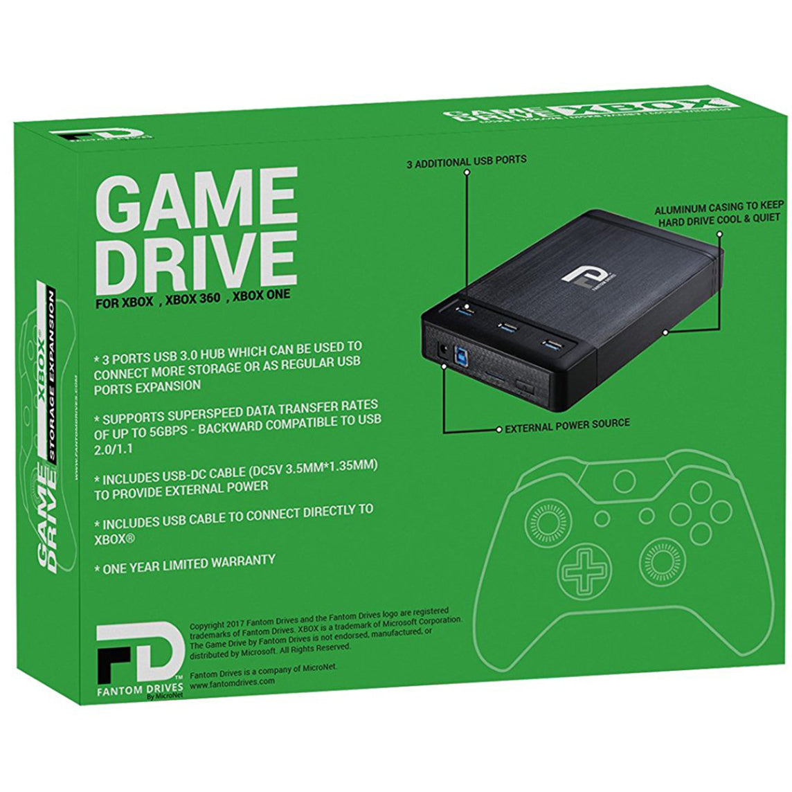 Fantom Drives Xbox 2TB External Hard Drive - 7200RPM - with 3 Ports Built-In USB 3.0 Hub. Aluminum Case to Keep Hard Drives Quiet and Cool. Compatible with Xbox One Xbox One S Xbox One X