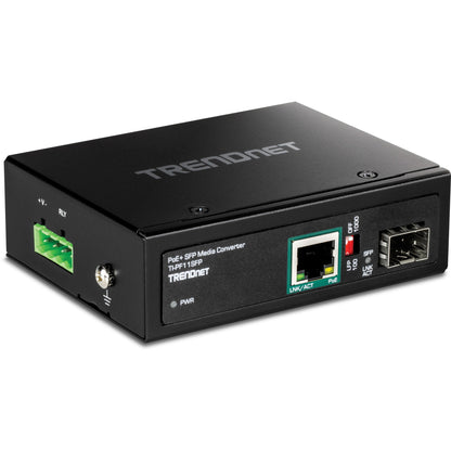 TRENDnet Industrial SFP to Gigabit PoE+ Media Converter IP30 Rated Housing Operating temperature range -40&deg;- 75 &deg;C to (-40&deg; - 167 &deg;F) TI-PF11SFP Black