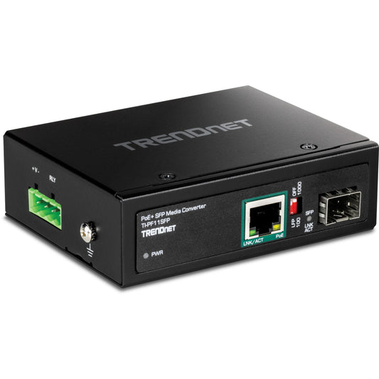 TRENDnet Industrial SFP to Gigabit PoE+ Media Converter IP30 Rated Housing Operating temperature range -40&deg;- 75 &deg;C to (-40&deg; - 167 &deg;F) TI-PF11SFP Black