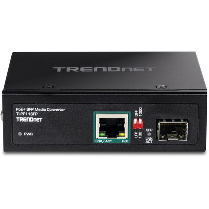 TRENDnet Industrial SFP to Gigabit PoE+ Media Converter IP30 Rated Housing Operating temperature range -40&deg;- 75 &deg;C to (-40&deg; - 167 &deg;F) TI-PF11SFP Black