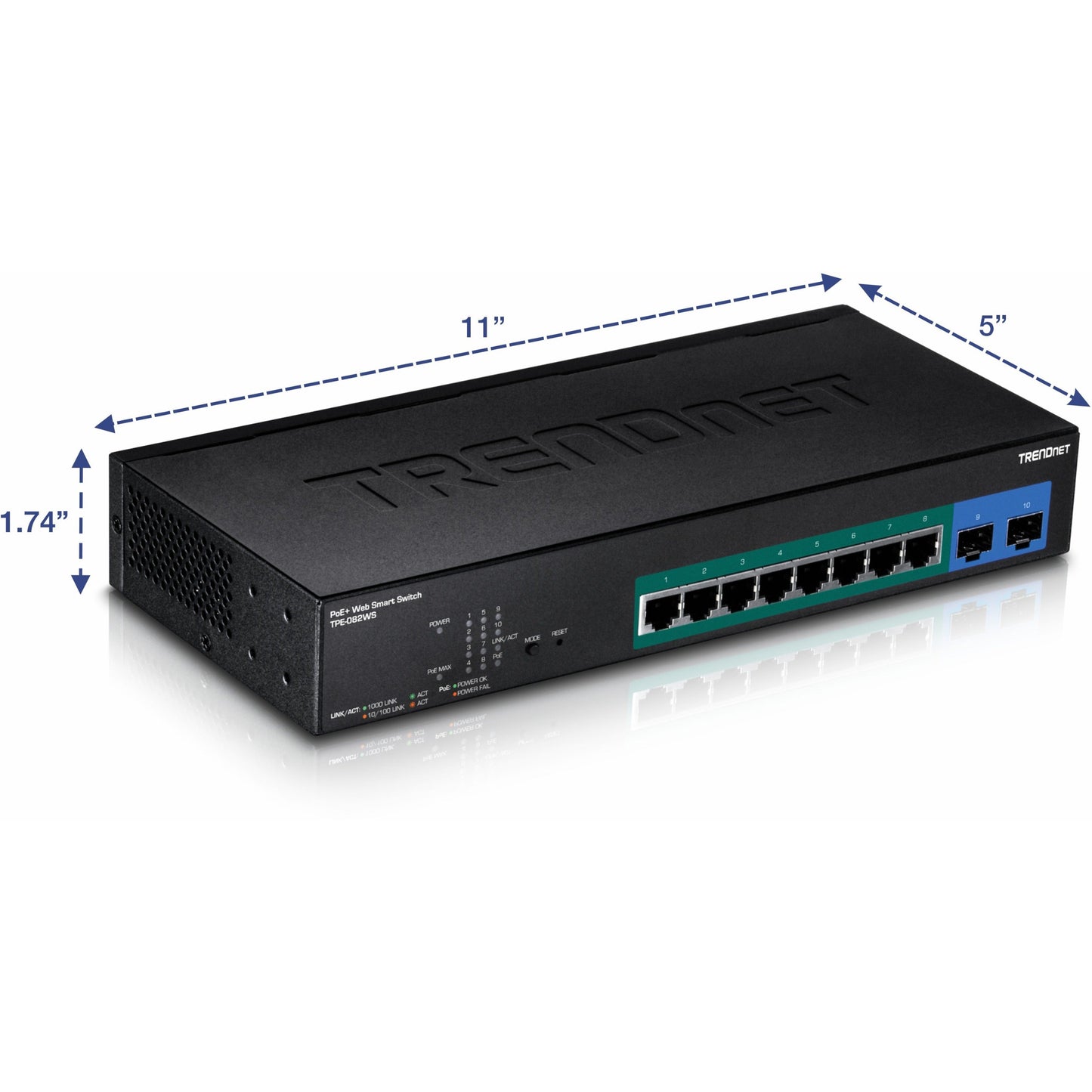 TRENDnet 10-Port Gigabit Web Smart PoE+ Switch 8 x Gigabit PoE+ Ports 2 x SFP Slots Vlan QoS IPv6 Support 20Gbps Switching Capacity 75W PoE Power Budget Lifetime Protection Black TPE-082WS
