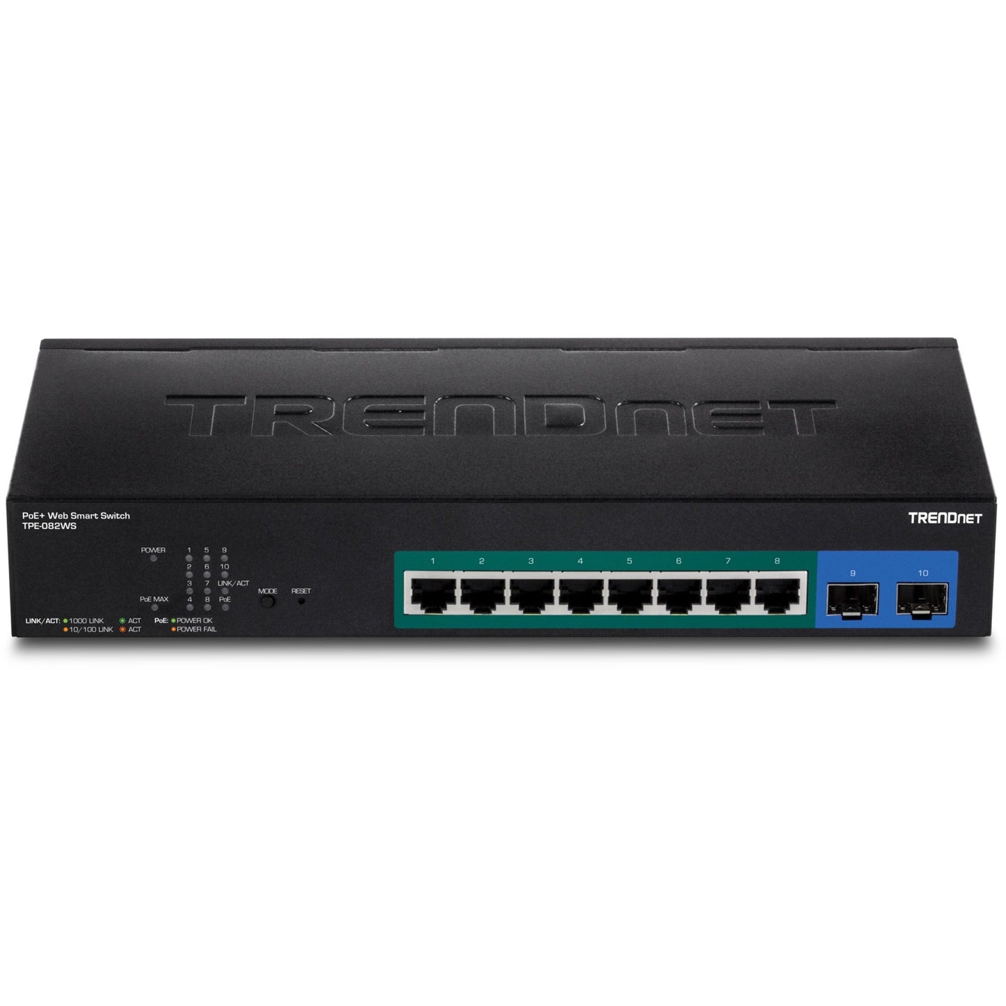 TRENDnet 10-Port Gigabit Web Smart PoE+ Switch 8 x Gigabit PoE+ Ports 2 x SFP Slots Vlan QoS IPv6 Support 20Gbps Switching Capacity 75W PoE Power Budget Lifetime Protection Black TPE-082WS