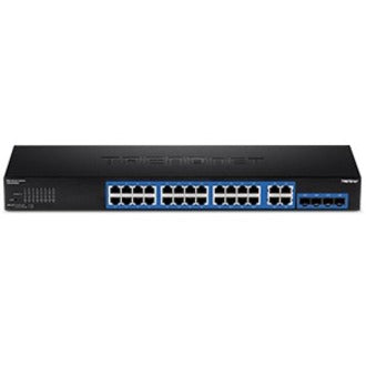 TRENDnet 28-Port Gigabit Web Smart Switch; 24 x Gigabit Ports; 4 x Shared Gigabit Ports (RJ-45/SFP); VLAN; QoS; LACP; IPv6; 56Gbps Switching Capacity; Lifetime Protection; TEG-284WS