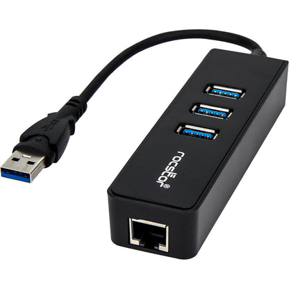 Rocstor Premium 3 Port Portable USB 3.0 Hub with Gigabit Ethernet 10/100/1000- External Portable 3 Port USB Hub with GbE Adapter - Built-In Cable - USB - 3 USB Port(s) - 1 Network (RJ-45) Port(s) - Black - PC Mac USB 3 HUB & NETWORK ADAPTER