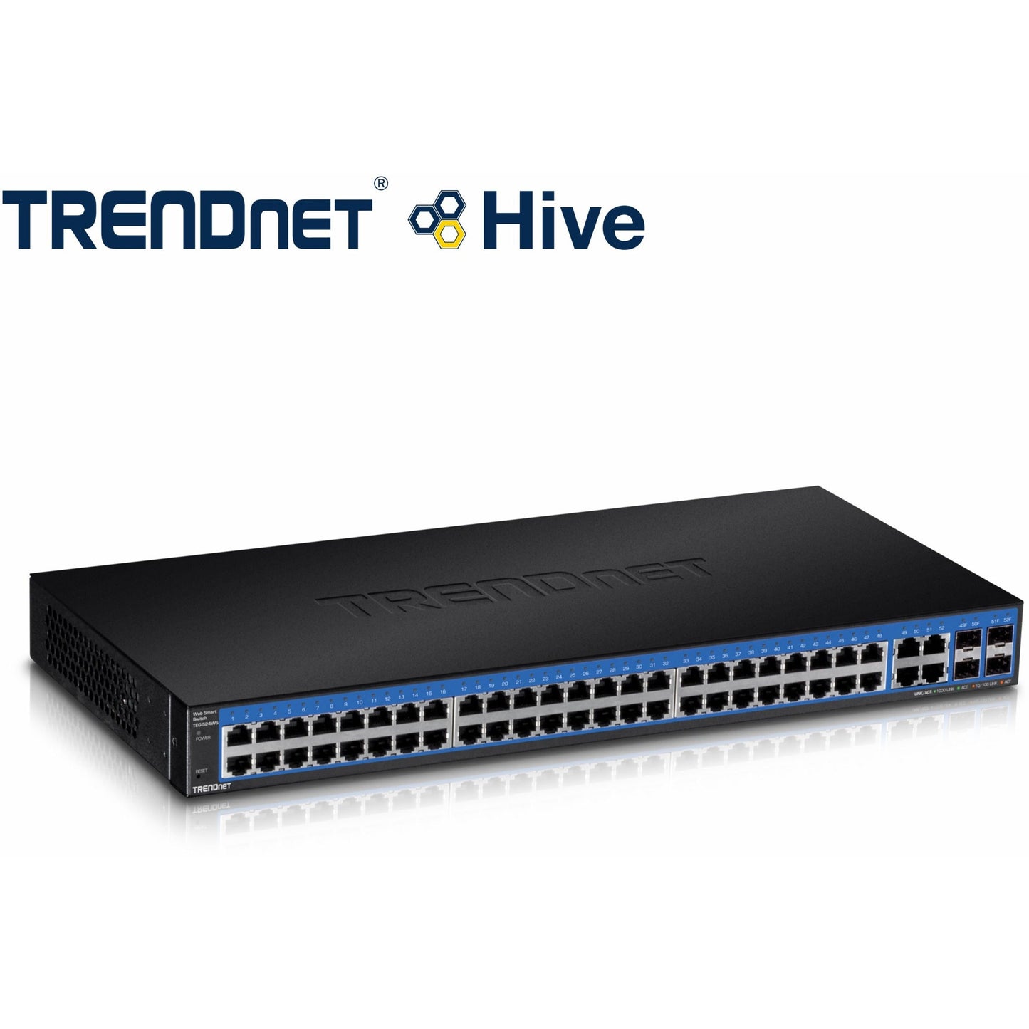 TRENDnet 52-Port Gigabit Web Smart Switch 48 Gigabit RJ-45 Ports 4 Shared Gigabit Ports (RJ-45 or SFP) 104 Gbps Switching Capacity VLAN QoS LACP IPv6 Lifetime Protection Black TEG-524WS
