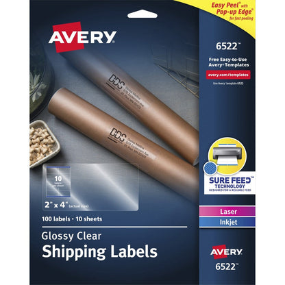 Avery&reg; Glossy Clear Shipping Labels Sure Feed&reg; Technology Laser/Inkjet 2" x 4"  100 Labels (6522)