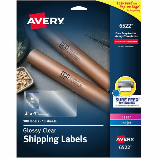 Avery&reg; Glossy Clear Shipping Labels Sure Feed&reg; Technology Laser/Inkjet 2" x 4"  100 Labels (6522)