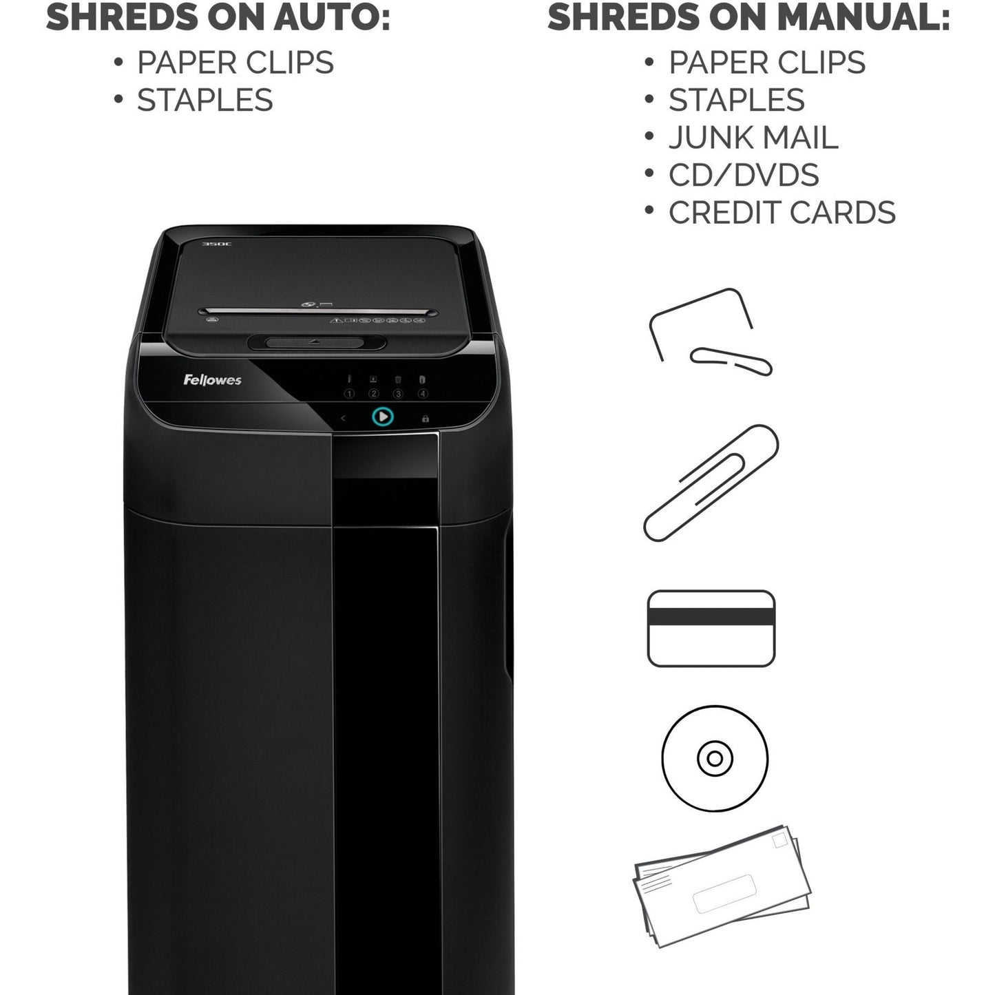 Fellowes&reg; AutoMax&trade; 350C Cross-Cut Commercial Office Auto Feed 2-in-1 Paper Shredder with 350 Sheet Capacity