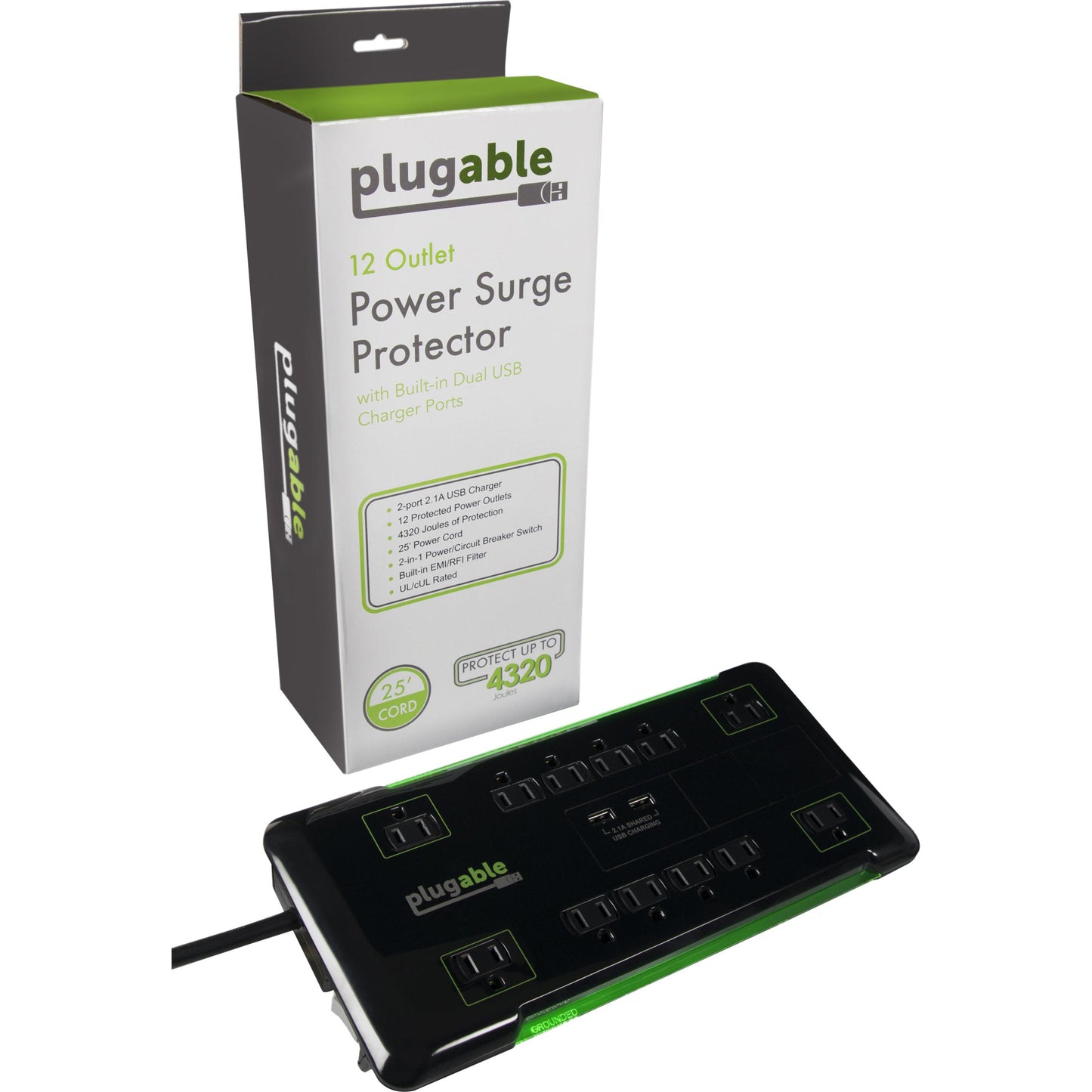 Plugable Surge Protector Power Strip with USB and 12 AC Outlets