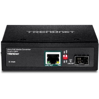 TRENDnet Hardened Industrial SFP to Gigabit UPoE Media Converter; IP30 Rated Housing; Includes DIN-rail & Wall Mounts; Operating Temp. -40 to 75 ?C (-40 to 167 ?F); TI-UF11SFP