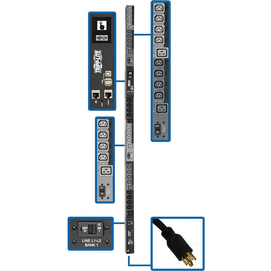 Tripp Lite 10kW 200-240V 3PH Switched PDU LX Interface Gigabit 30 Outlets L21-30P Input LCD 1.8 m Cord 0U 1.8 m Height TAA