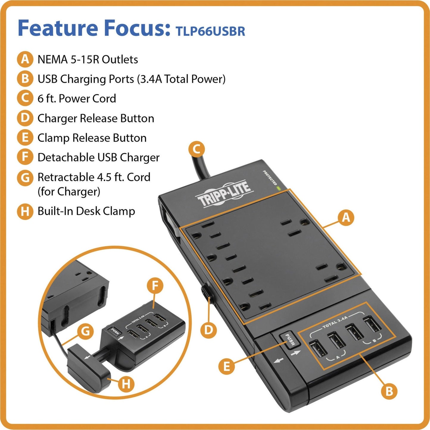 Tripp Lite Protect It! 6-Outlet Surge Protector 4 USB Ports 6 ft. Cord 1080 Joules Diagnostic LED Black Housing