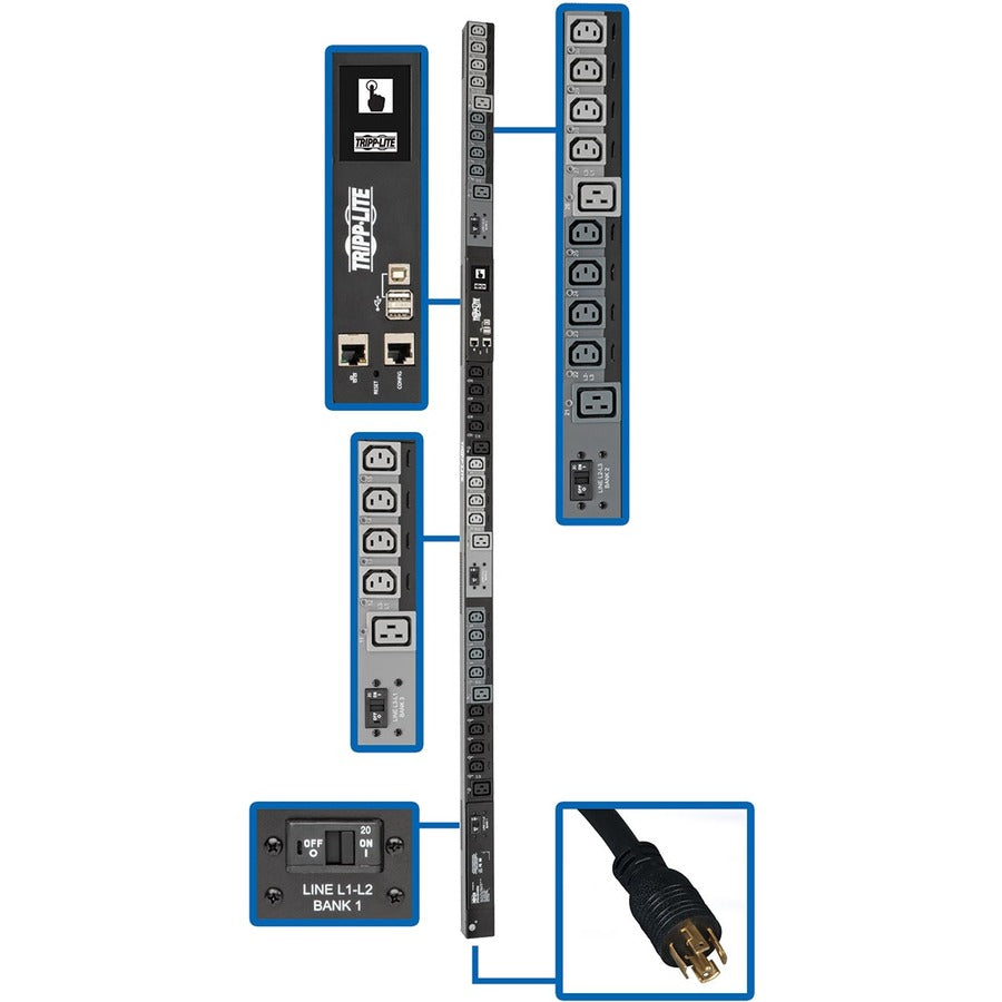 Tripp Lite 10kW 200-240V 3PH Switched PDU LX Interface Gigabit 30 Outlets L15-30P Input LCD 3 m Cord 0U 1.8 m Height TAA