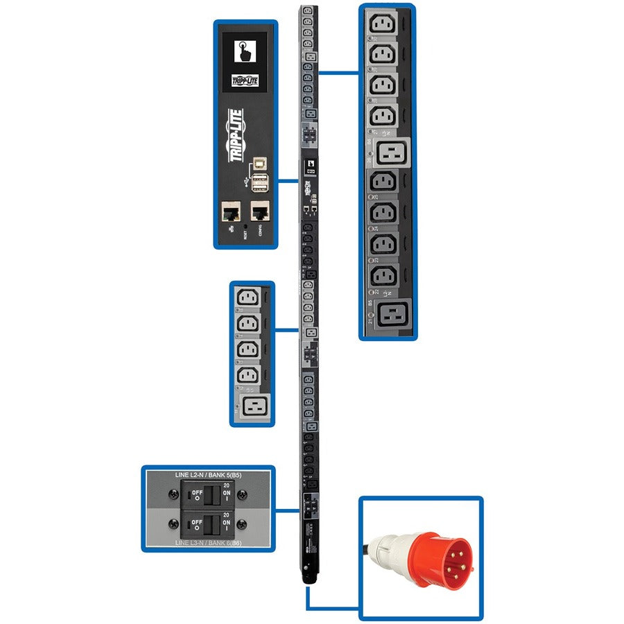 Tripp Lite 23kW 220-240V 3PH Switched PDU LX Interface Gigabit 30 Outlets IEC 309 32A Red 380-415V Input LCD 1.8 m Cord 0U 1.8 m Height TAA