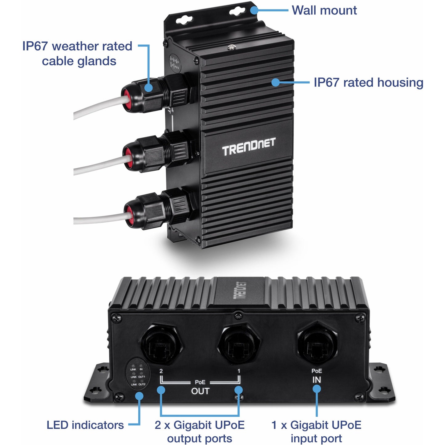 TRENDnet 2-Port Industrial Outdoor Gigabit UPoE Extender Extends 100m- Total Distance Up to 200m (656') Supports PoE (15.4W) PoE+(30W) UPoE(60W) IP67 Housing TI-EU120