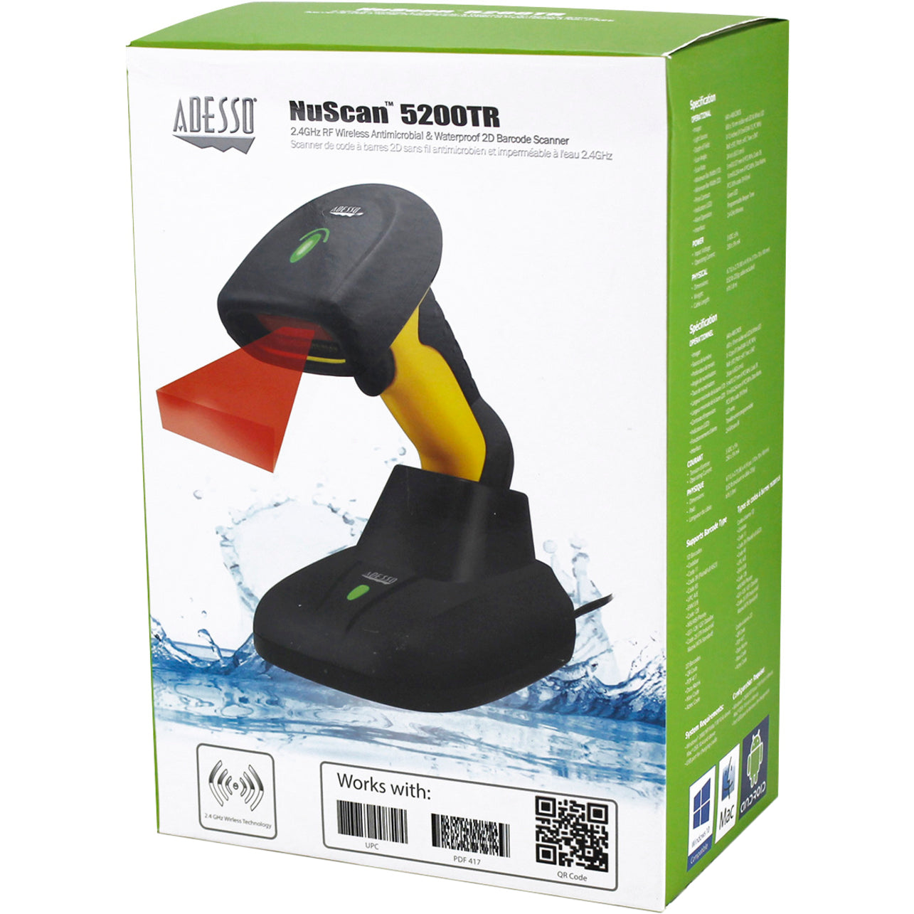 Adesso NuScan 5200TR - 2.4GHz RF Wireless Antimicrobial & Waterproof 2D Barcode Scanner