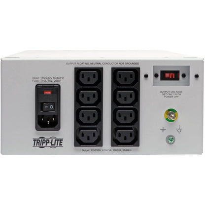 Tripp Lite Isolator Series Dual-Voltage 115/230V 1000W 60601-1 Medical-Grade Isolation Transformer C14 Inlet 8 C13 Outlets