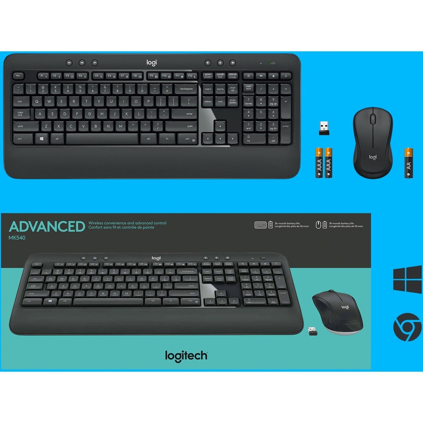 Logitech MK540 Advanced Wireless Keyboard and Mouse Combo for Windows 2.4 GHz Unifying USB-Receiver Multimedia Hotkeys 3-Year Battery Life for PC Laptop