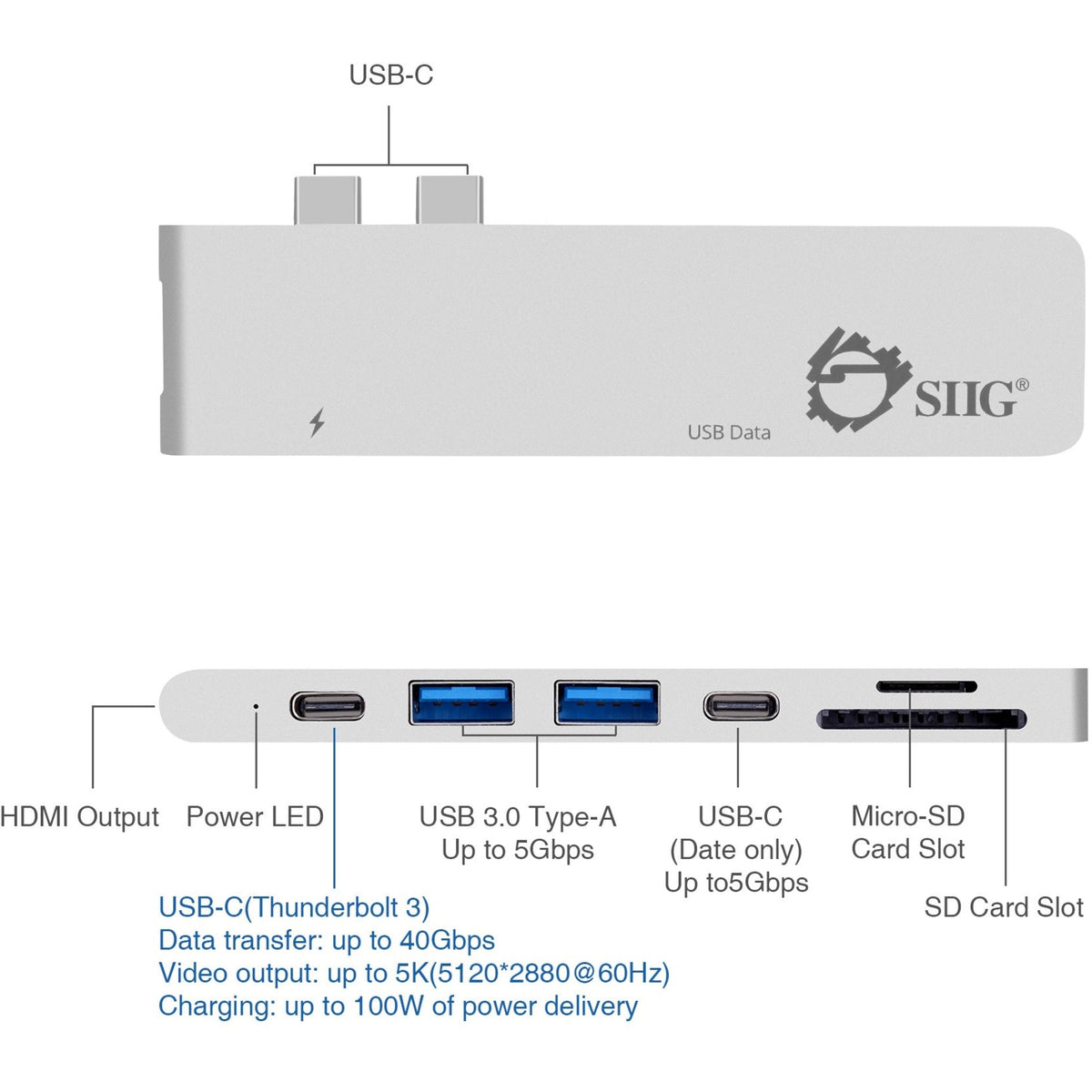 SIIG Thunderbolt 3 USB-C Hub HDMI with Card Reader & PD Adapter - Silver
