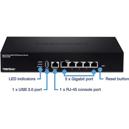 TRENDnet Gigabit Multi-WAN VPN Business Router; TWG-431BR; 5 x Gigabit ports; 1 x Console Port; QoS; Inter-VLAN Routing; Dynamic Routing; Load-Balancing; High Availability; Online Firmware Updates