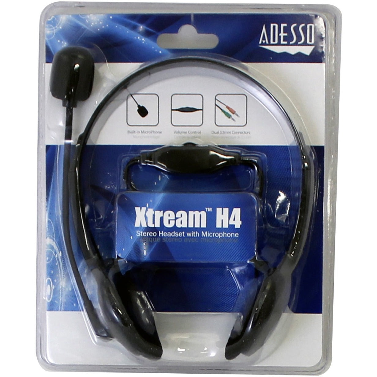 Adesso Xtream H4 - 3.5mm Stereo Headset with Microphone - Noise Cancelling - Wired- 6 ft cable- Lightweight