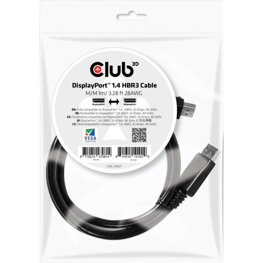 Club 3D DisplayPort 1.4 HBR3 Cable 8K60Hz Male / Male 1m/3.28ft