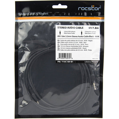 Rocstor Premium Slim 3.5mm Stereo Audio Cable 6 ft - M/M - Mini-phone Male Stereo Audio - Mini-phone Male Stereo Audio Male to Male- 2m - Black - For Smartphone Mobile Phones iPhone (with Headphone Jack) iPod AND MP3 PLAYER