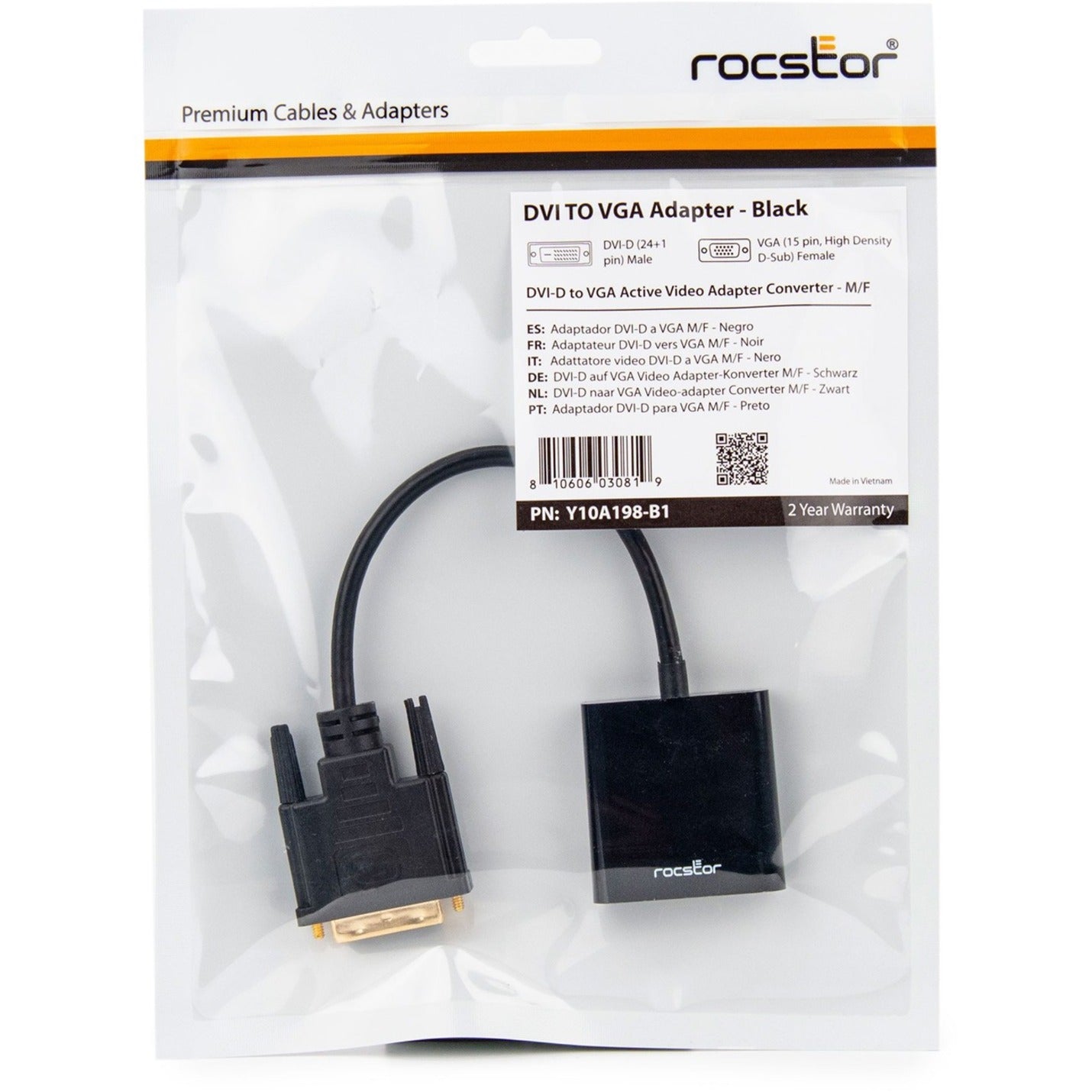 Rocstor Premium DVI-D to VGA Active Adapter - Resolutions up to 1920x1200 - DVI/VGA for Monitor Projector Video Device Notebook Desktop Computer 6 Inch - 1 Pack - 1 x DVI-D - 1 x HD-15 Female VGA - Black - DVI-D TO VGA CONVERTER ADAPTER 1920X1200