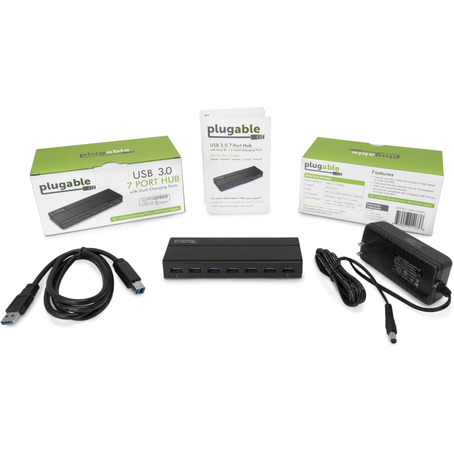 Plugable 7-Port USB 3.0 Hub with 36W Power Adapter