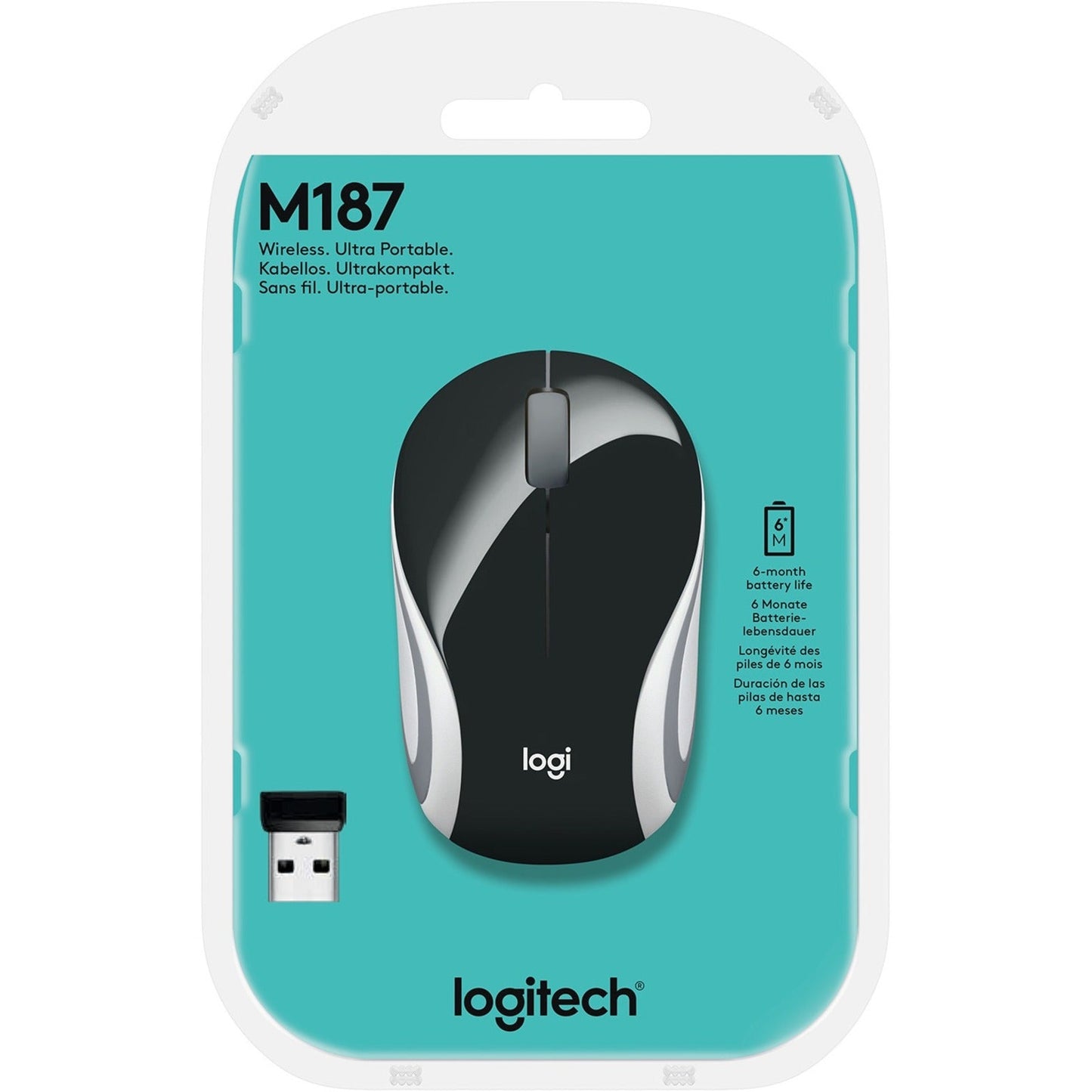 Logitech Wireless Mini Mouse M187 Ultra Portable 2.4 GHz with USB Receiver 1000 DPI Optical Tracking 3-Buttons PC / Mac / Laptop - Black (with White Stripe)