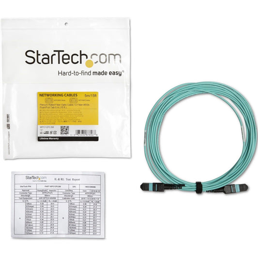 StarTech.com 5m (15ft) MTP(F)/PC OM3 Multimode Fiber Optic Cable 12F Type-A OFNP 50/125&micro;m LOMMF 40G Networks - MPO Fiber Patch Cord